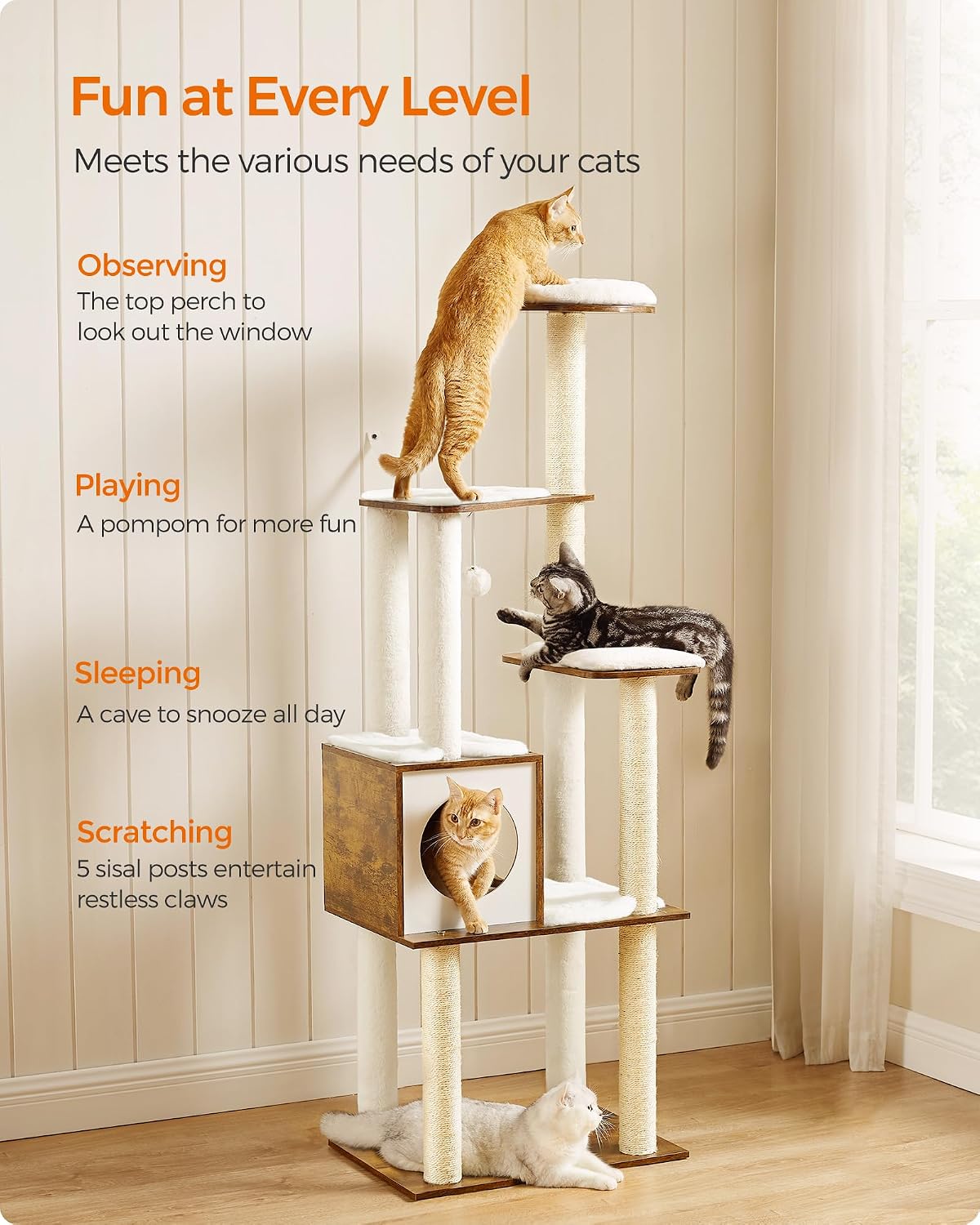 Cat Tree, 64.6-Inch Multi-Level Tower with 5 Scratching Posts