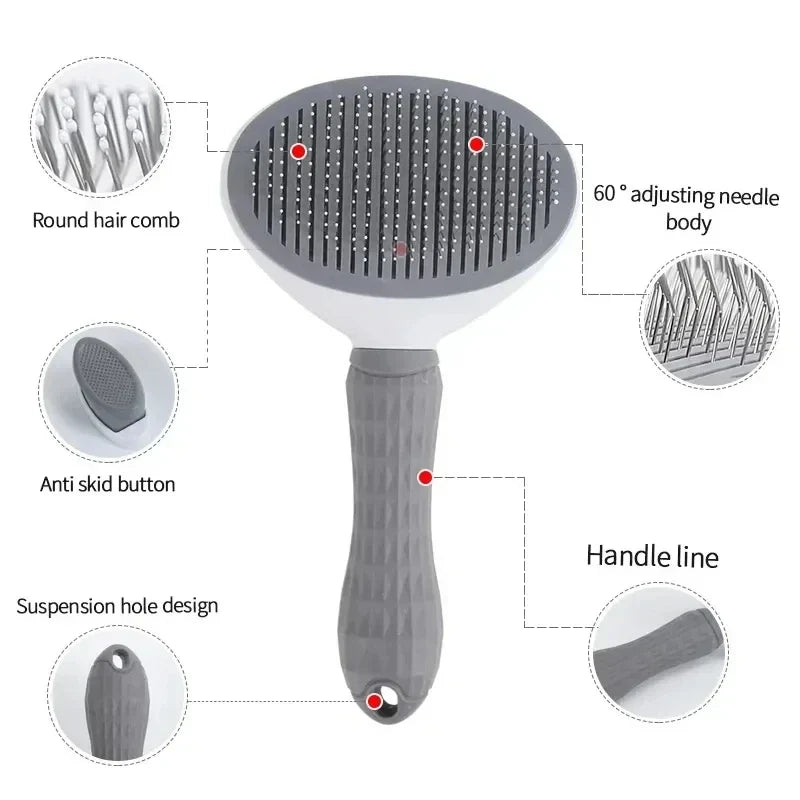 Self-cleaning dog grooming brush in use